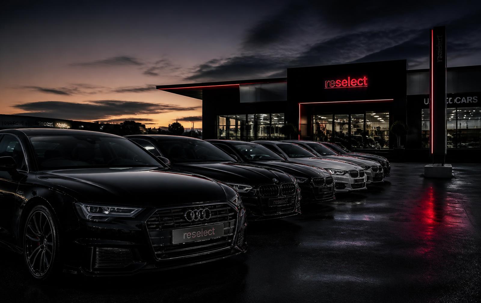 Coches de alta gama en un concesionario al atardecer